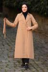 Gabardin Kumaş Tesettür Trençkot Camel