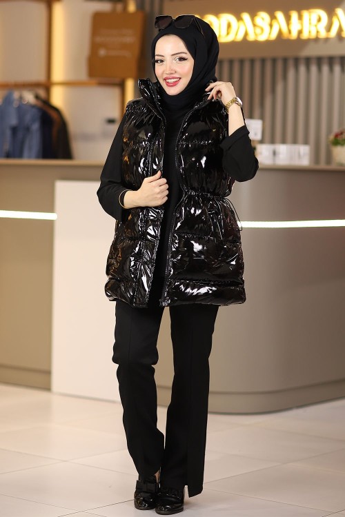 Parlak Deri Rugan Tesettür Şişme Yelek Siyah