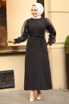 Kolları Tül Detaylı Krep Tesettür Elbise Siyah 2