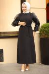 Kolları Tül Detaylı Krep Tesettür Elbise Siyah 2