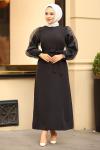 Kolları Tül Detaylı Krep Tesettür Elbise Siyah 2