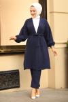 Balon Kol Kemerli Ceket Pantolon Tesettür Takım Lacivert 2