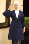 Balon Kol Kemerli Ceket Pantolon Tesettür Takım Lacivert 2