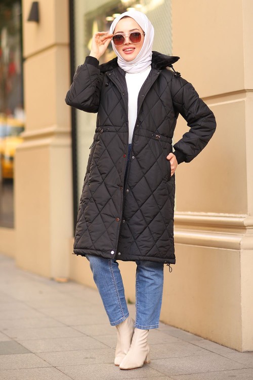 Yakası Kürklü Tesettür Mont Siyah 2