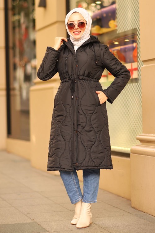 Çıtçıtlı ve Fermuarlı Kapitone Tesettür Mont Siyah 2