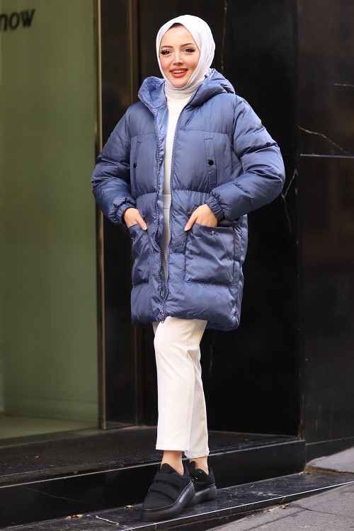 Fermuarlı Puffy Tam Dolum Tesettür Mont Mavi 2
