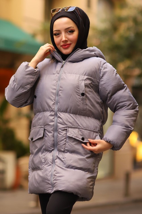 Fermuarlı Puffy Tam Dolum Tesettür Mont Gri 2