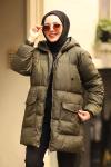Fermuarlı Puffy Tam Dolum Tesettür Mont Haki 2