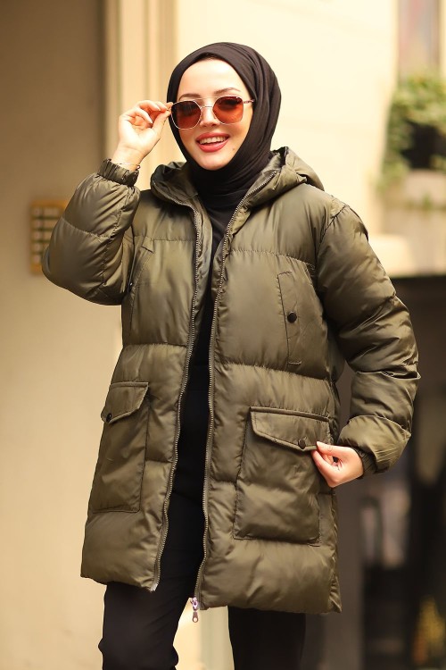 Fermuarlı Puffy Tam Dolum Tesettür Mont Haki 2