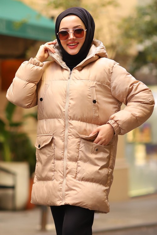 Fermuarlı Puffy Tam Dolum Tesettür Mont Bej 2