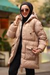 Fermuarlı Puffy Tam Dolum Tesettür Mont Bej 2