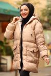 Fermuarlı Puffy Tam Dolum Tesettür Mont Bej 2