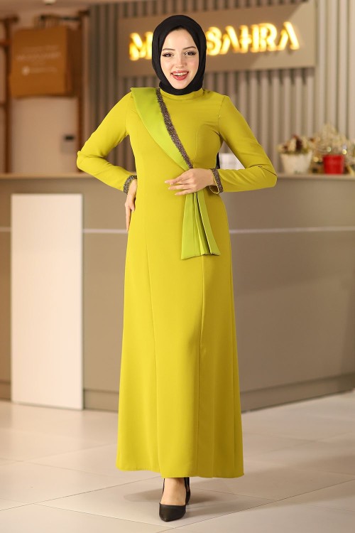 Harika Taş Detay Tesettür Abiye Elbise Yağ Yeşili