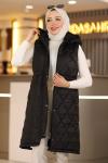 Yakası Kürklü Kapüşonlu Tesettür Şişme Yelek Siyah