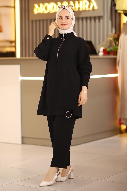 Halka Linda Fermuarlı Tesettür Takım Siyah