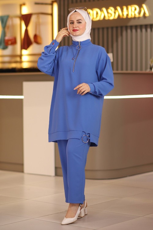 Halka Linda Fermuarlı Tesettür Takım Mavi