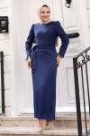 Saçaklı Tesettür Abiye Elbise Lacivert