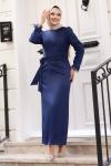 Saçaklı Tesettür Abiye Elbise Lacivert