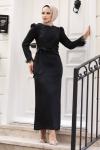 Saçaklı Tesettür Abiye Elbise Siyah