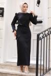 Saçaklı Tesettür Abiye Elbise Siyah