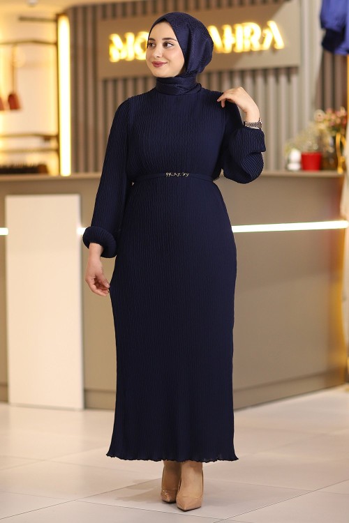 Zincir Kemerli Elbise Lacivert