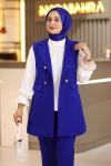 Kruvaze Yaka Tesettür Yelekli Üçlü Takım Saks Mavisi