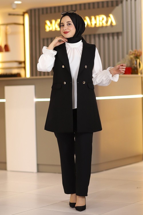 Kruvaze Yaka Tesettür Yelekli Üçlü Takım Siyah