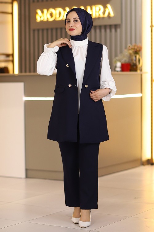Kruvaze Yaka Tesettür Yelekli Üçlü Takım Lacivert
