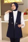 Kruvaze Yaka Tesettür Yelekli Üçlü Takım Lacivert