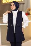 Kruvaze Yaka Tesettür Yelekli Üçlü Takım Lacivert