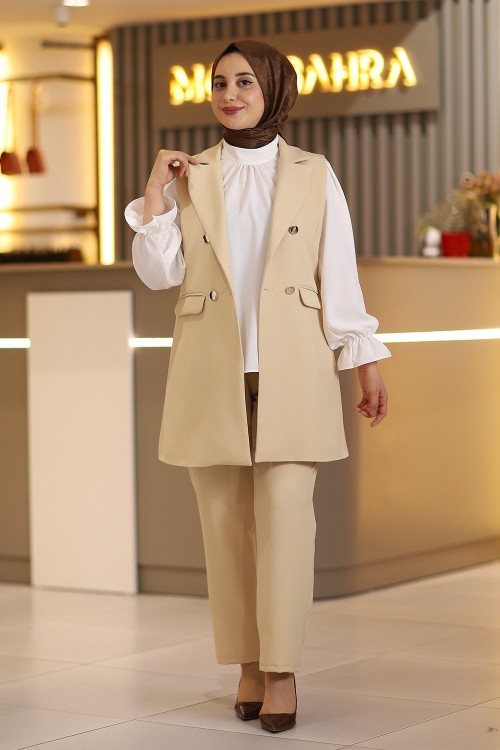 Kruvaze Yaka Tesettür Yelekli Üçlü Takım Bej