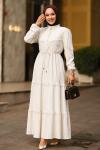 Şerit Dantelli Beli İpli Keten Tesettür Elbise Ekru