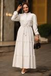 Şerit Dantelli Beli İpli Keten Tesettür Elbise Ekru