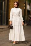 Şerit Dantelli Beli İpli Keten Tesettür Elbise Ekru