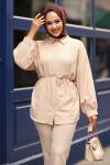 Beli İpli Tesettür Gofre Takım Bej