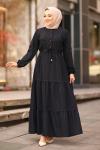 Şerit Dantelli Beli İpli Keten Tesettür Elbise Siyah