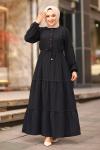 Şerit Dantelli Beli İpli Keten Tesettür Elbise Siyah
