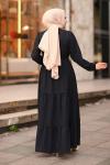 Şerit Dantelli Beli İpli Keten Tesettür Elbise Siyah