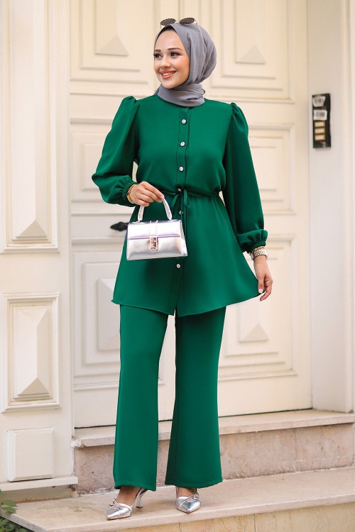 Pırlanta Taşlı Tesettür Takım Zümrüt