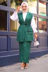 Süs Cepli Tesettür Yelekli Takım Zümrüt