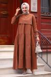 Fırfır Detaylı Kolu Büzgülü Koton Tesettür Elbise Acı Kahve
