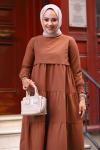 Fırfır Detaylı Kolu Büzgülü Koton Tesettür Elbise Acı Kahve