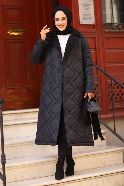 Premium Kaşe Yaka Kapitone Tesettür Mont Siyah