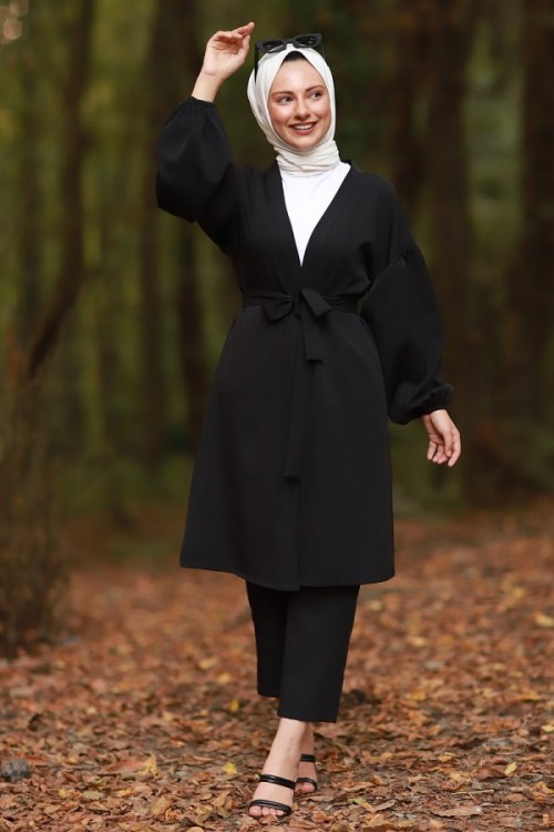 Balon Kol Kemerli Ceket Pantolon Tesettür Takım Siyah