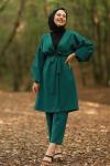 Balon Kol Kemerli Ceket Pantolon Tesettür Takım Zümrüt Yeşili