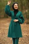 Balon Kol Kemerli Ceket Pantolon Tesettür Takım Zümrüt Yeşili