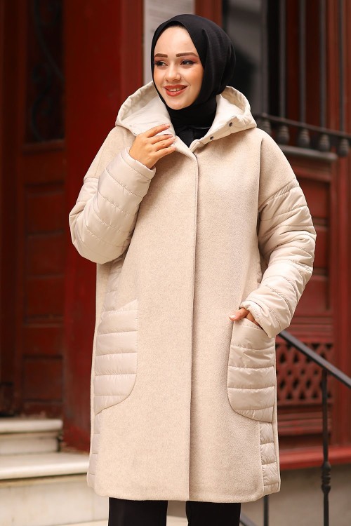 Kaşe Kapitone Astarlı Tesettür Mont Bej3