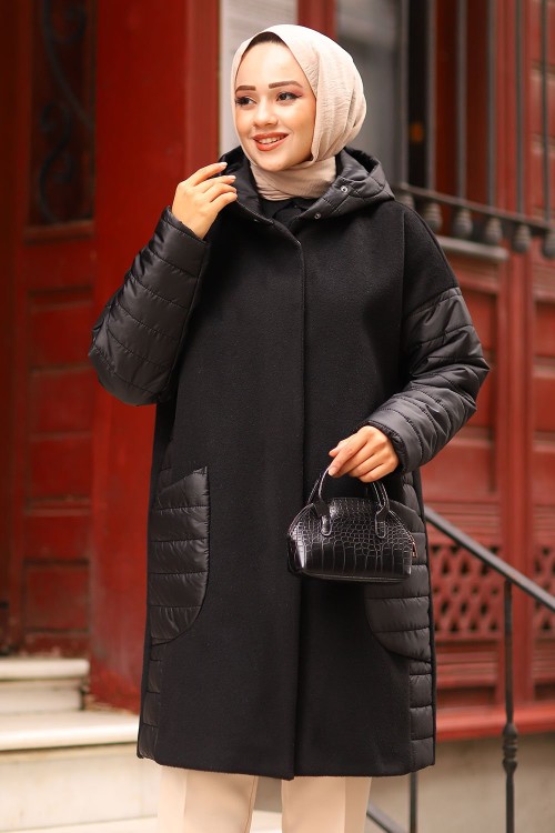 Kaşe Kapitone Astarlı Tesettür Mont Siyah3