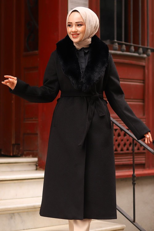 Kürk Detaylı Kaşe Tesettür Kaban Siyah 2