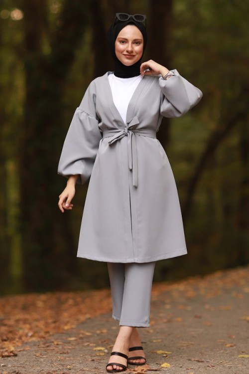 Balon Kol Kemerli Ceket Pantolon Tesettür Takım Gri